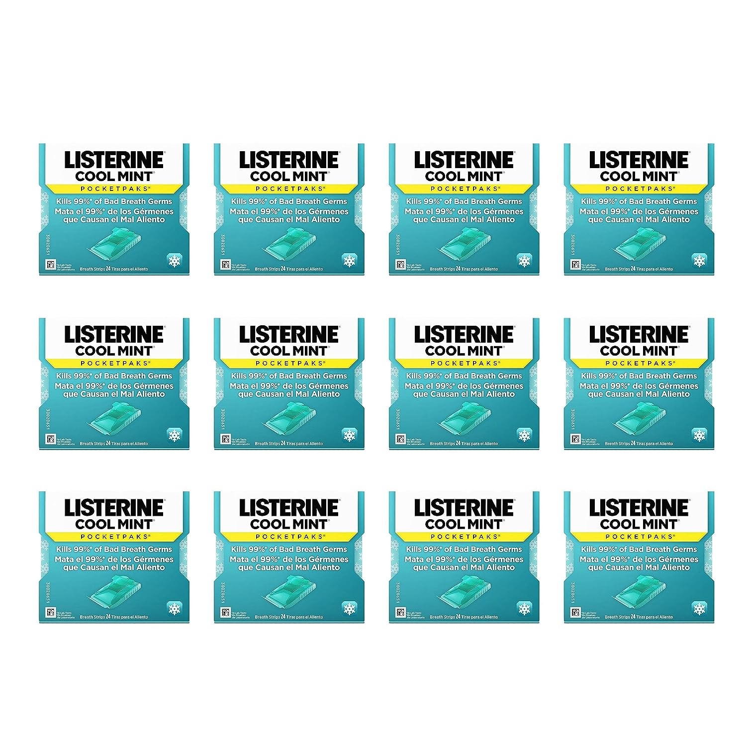 Listerine Cool Mint PocketPaks Portable Breath Strips for Bad Breath, Fresh Breath Strips Dissolve Instantly to Kill 99% of Bad Breath Germs* On-The-Go, Cool Mint, 24-Strip Pack (12 Units)
