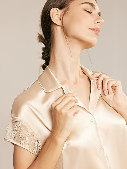 AW BRIDAL Women's Silk Pajama Set Bride Bridesmaid Pajamas Short Button Up Pajamas for Women Lace Pj Sets