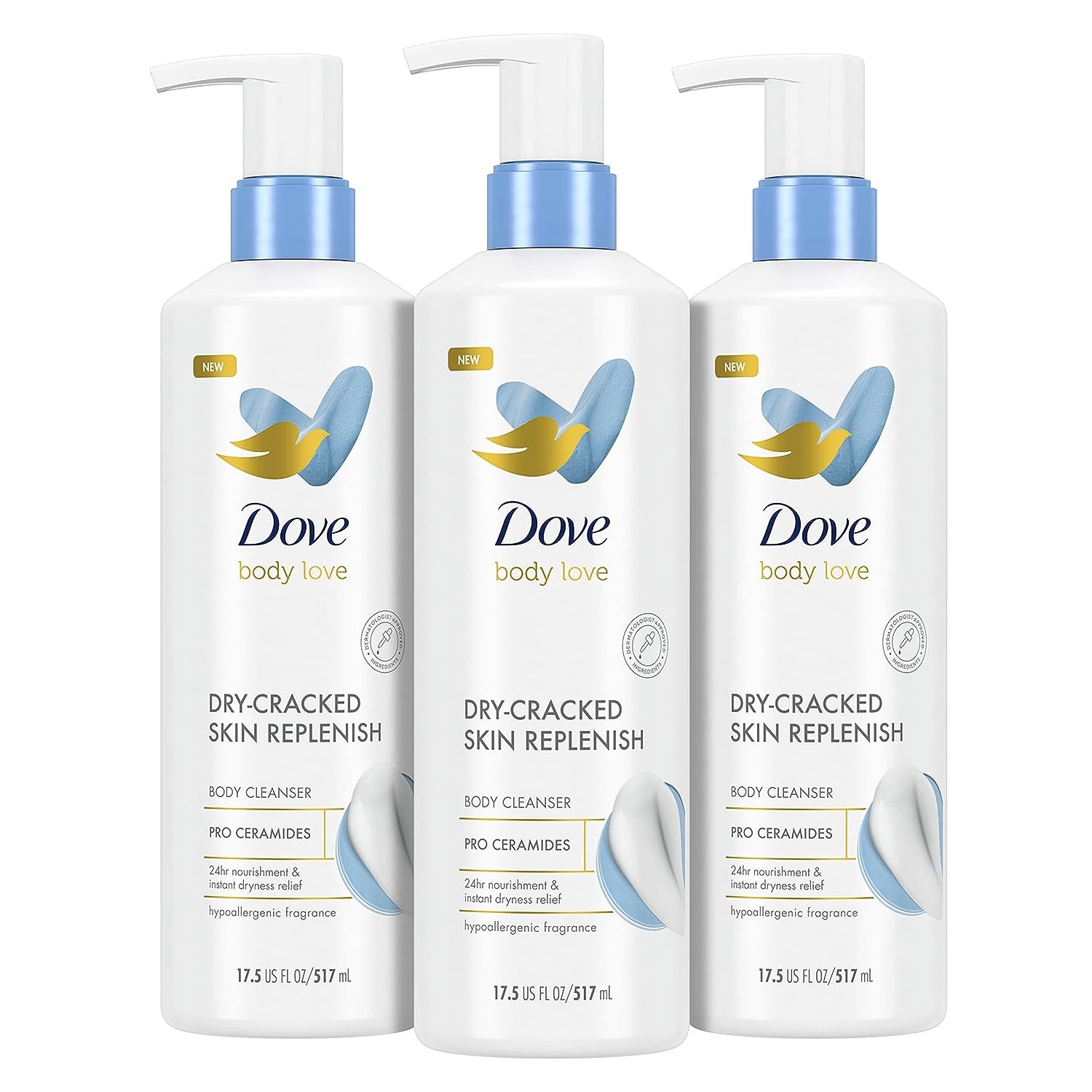 Dove Body Love Body Cleanser Body Wash 3 Count Dry-Cracked Skin Replenish Hypoallergenic for 24 Hour Nourishment & Instant Dryness Relief with Pro Ceramides 17.5 FO