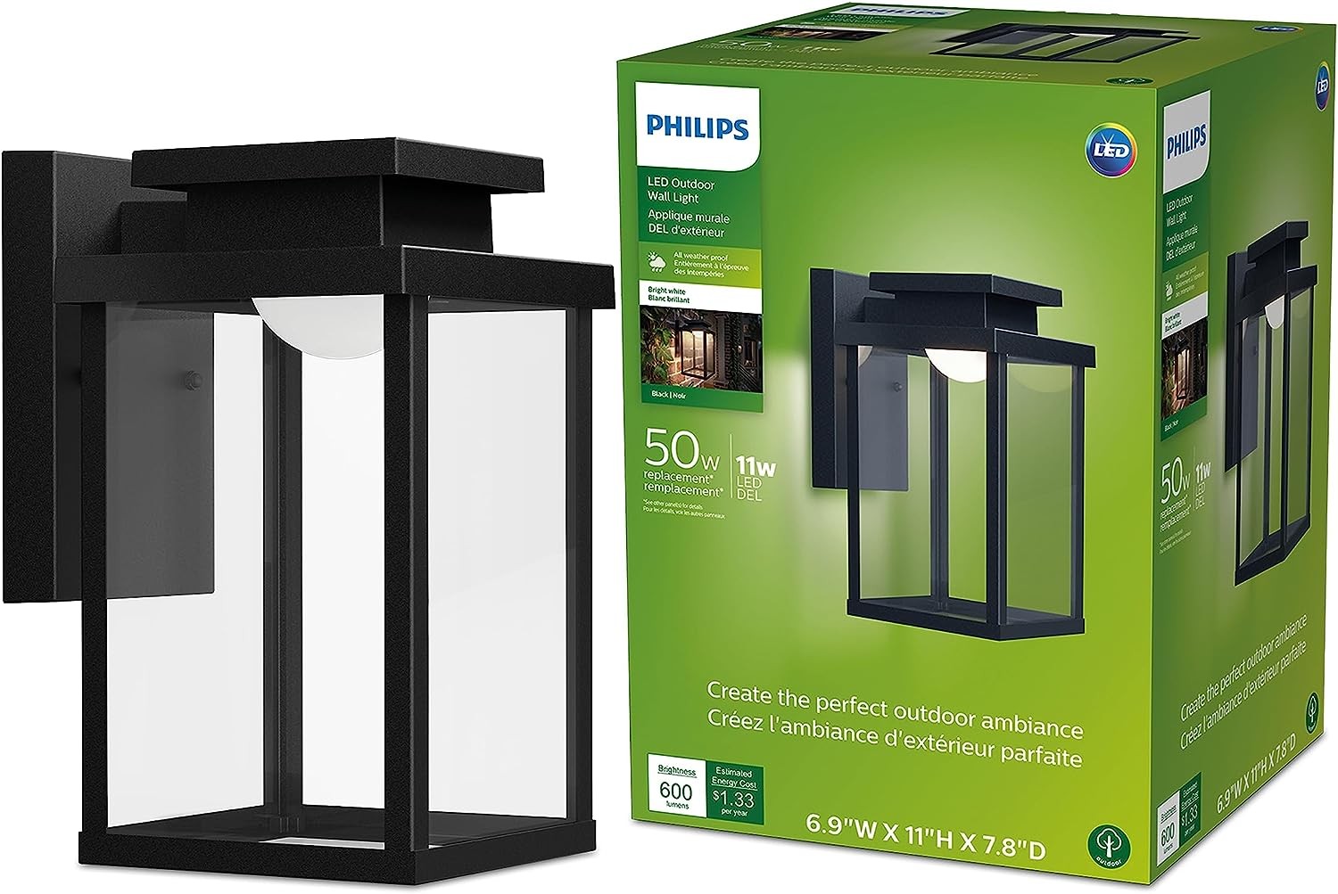 PHILIPS Outdoor LED Wall Light - Rectangle - Bright White 3000K - 1 Pack - 50W - 600 Lumen - All Weather Resistant - Durable Metal- Black