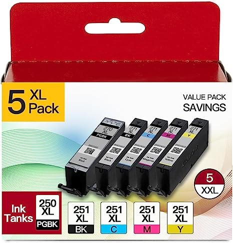 PGI-250XL CLI-251XL 5 Color Ink Cartridges Compatible for Canon 250 251 XL Ink to Use with Canon PIXMA MX922 MX920 IX6800 IX6820 IP8720 MG7120 MG5520 MG7520 Printer(PGBK, Black, Cyan, Magenta, Yellow)