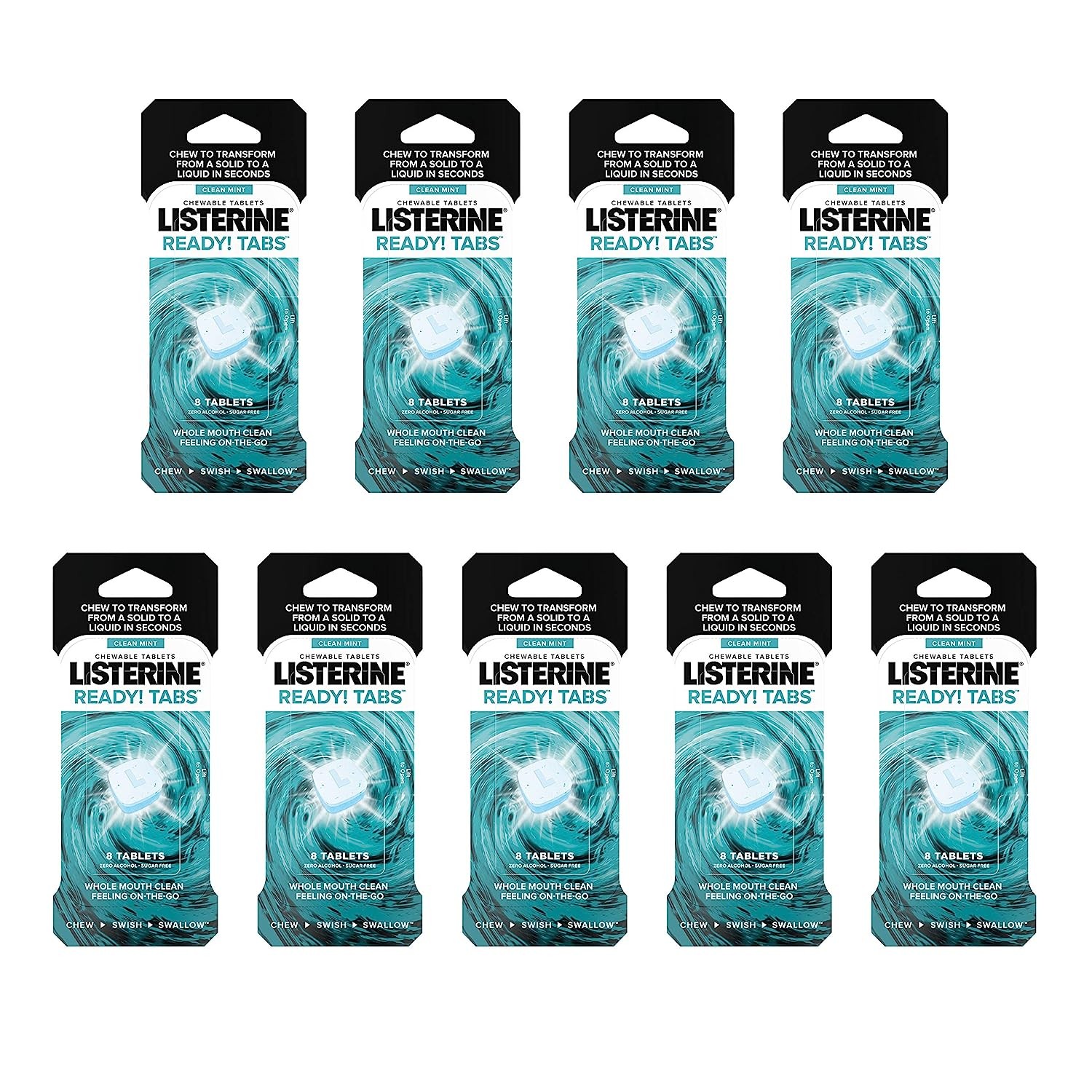 Listerine Ready! Tabs Chewable Tablets with Clean Mint Flavor, Revolutionary 4-Hour Fresh Breath Tablets to Help Fight Bad Breath On-The-Go, Sugar-Free & Alcohol-Free, 72 CT