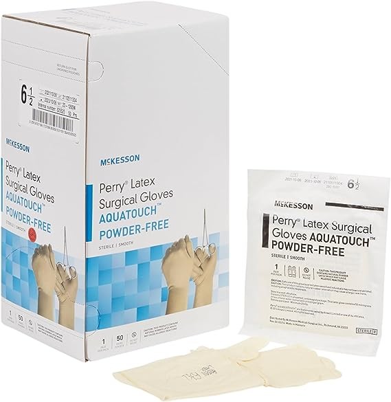 McKesson Perry Performance Plus Latex Surgical Gloves, AquaTouch - Powder-Free, Extended Cuff, Hand Specific, Smooth, Sterile - Cream, Size 6.5, 50 Count, 4 Boxes, 200 Total