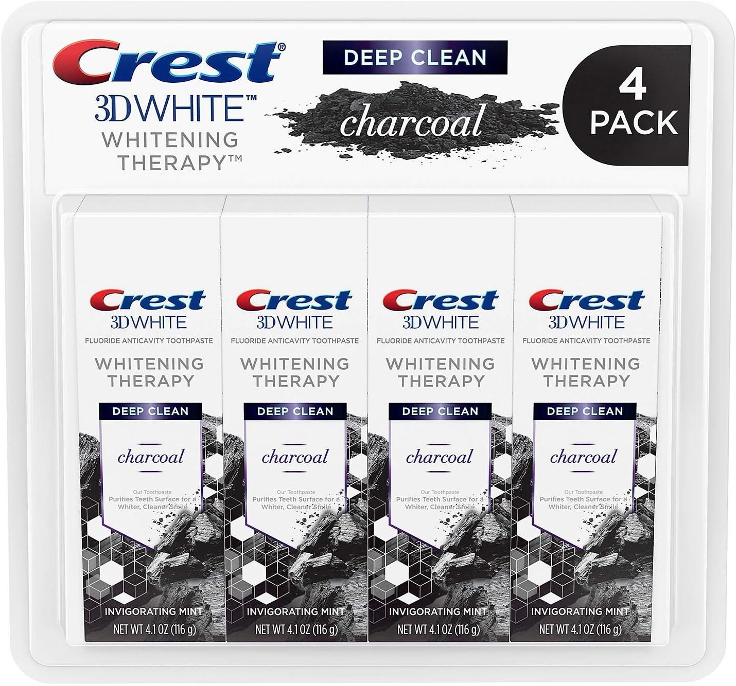 Crest Charcoal 3D White Toothpaste, Whitening Therapy Deep Clean with Fluoride, Invigorating Mint, 4.1 Ounce (Pack of 4)