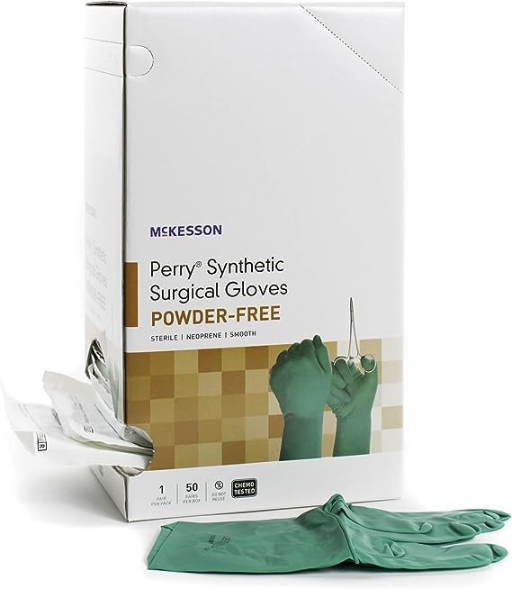 McKesson Perry Performance Plus Synthetic Surgical Gloves, Sterile, Powder-Free, Dark Green, Size 7.5, 50 Count, 4 Boxes, 200 Total