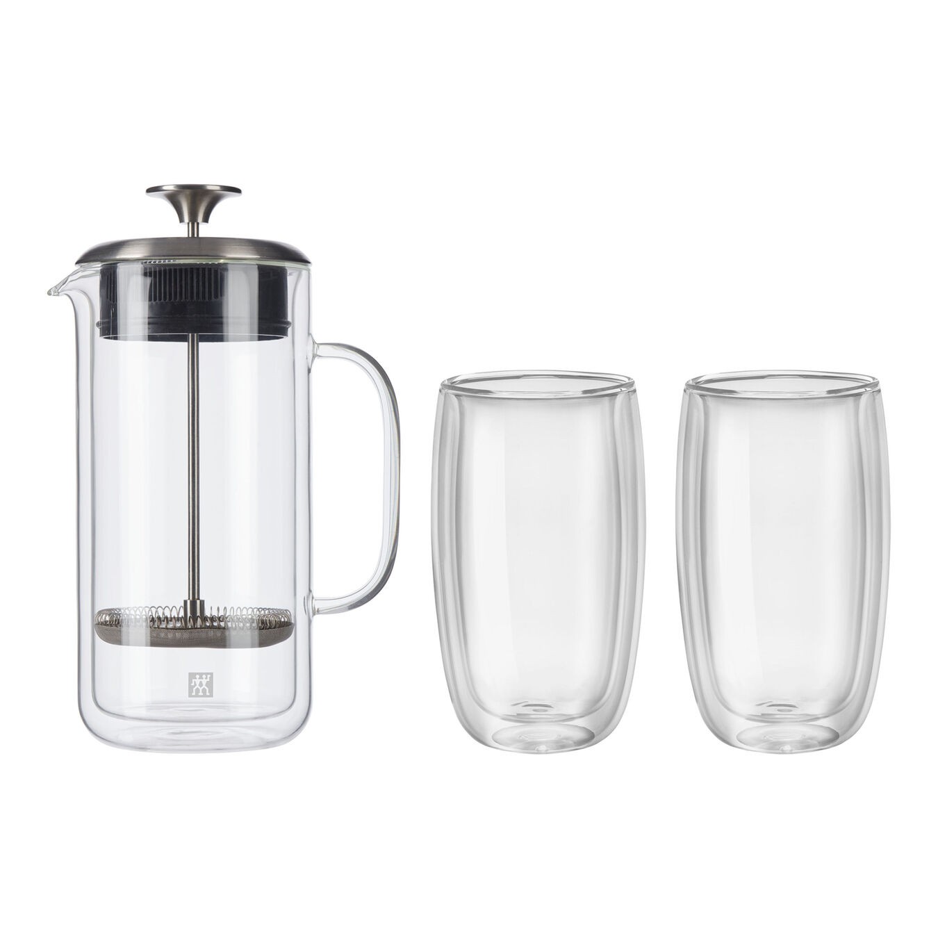 ZWILLING SORRENTO DOUBLE WALL GLASSWARE 3-PC FRENCH PRESS AND LATTE GLASS SET