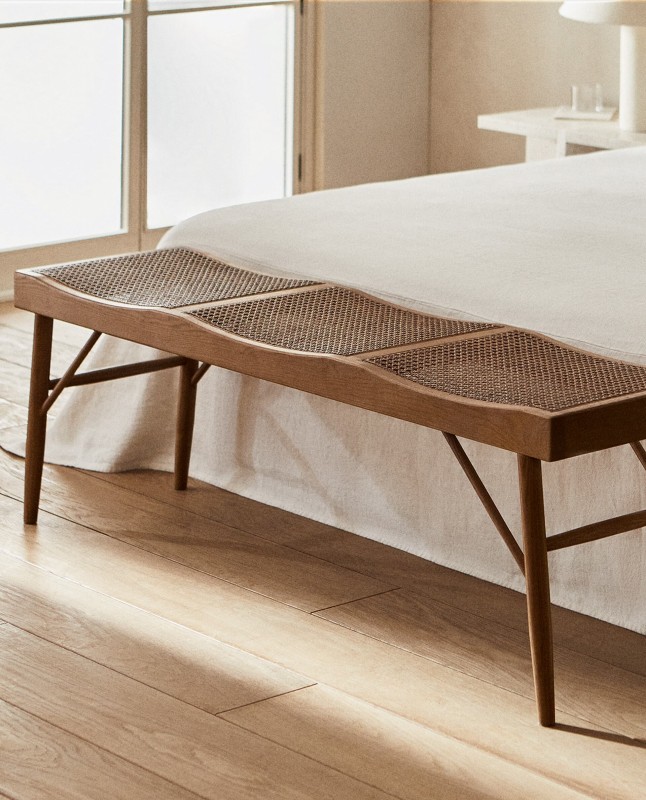 WOOD AND RATTAN BENCH