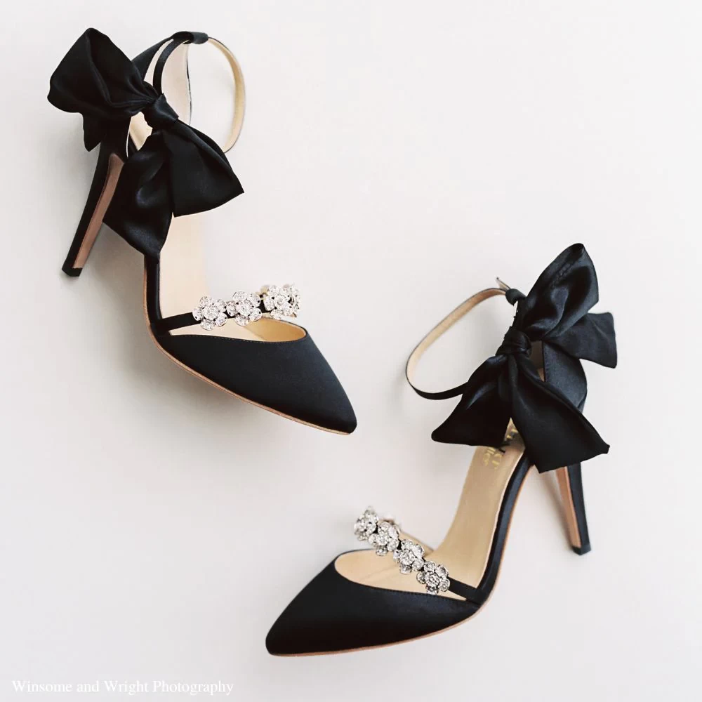 LISBETH BLACK T-Strap Black Heels with Pearls and Ankle Straps