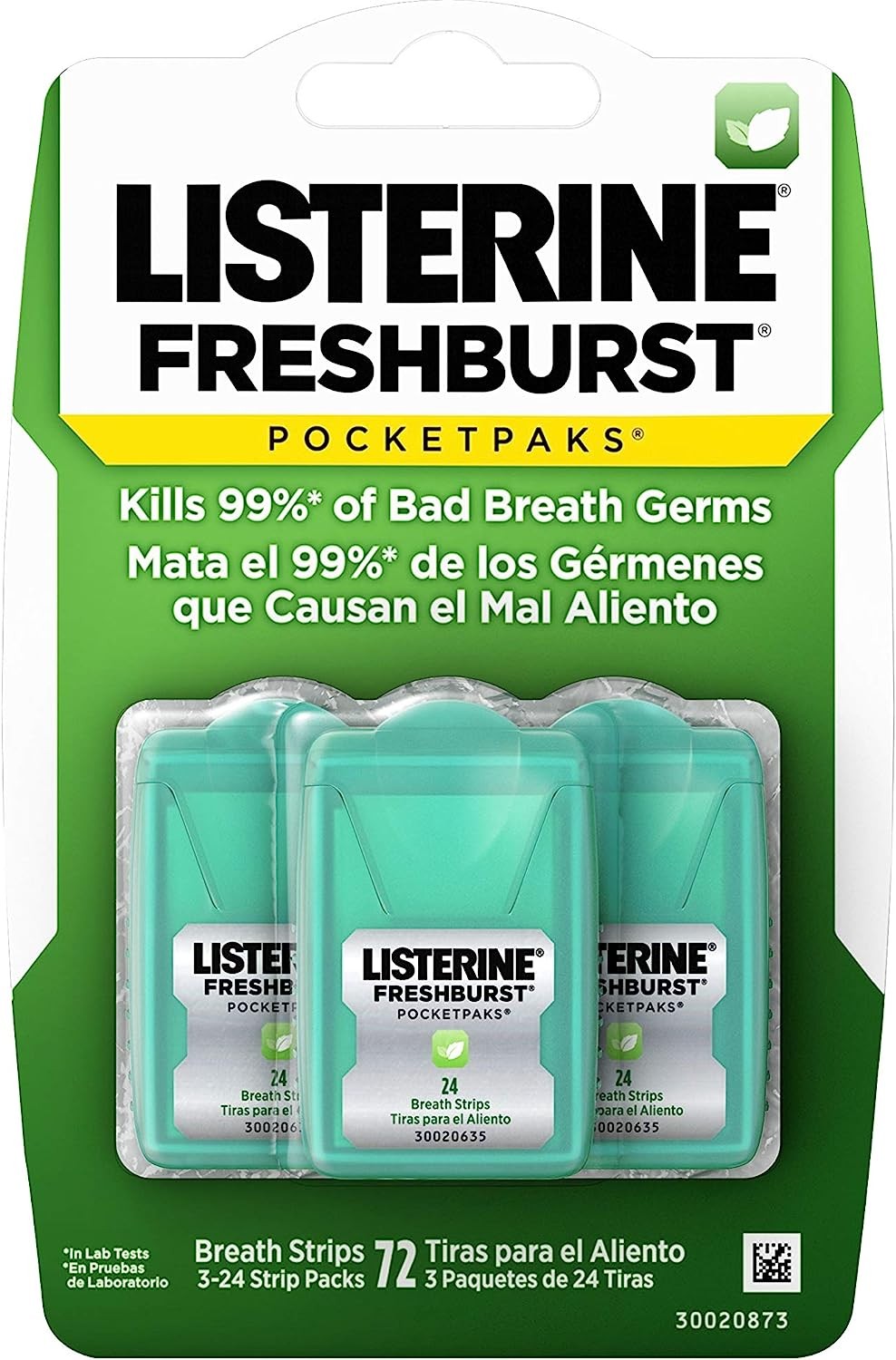 Listerine Freshburst Pocketpaks Breath Strips, Dissolving Breath Freshener Strips Kill 99% of Germs that Cause Bad Breath, Portable for On-the-Go, Minty Flavor, 3 packs of 24-strips Each