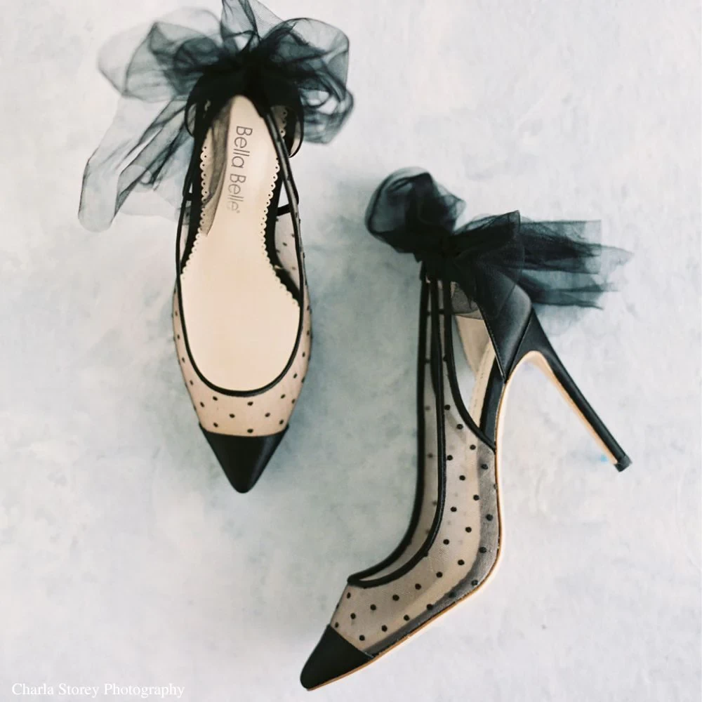 MATILDA BLACK Black Tulle Bow Polka Dot Heels