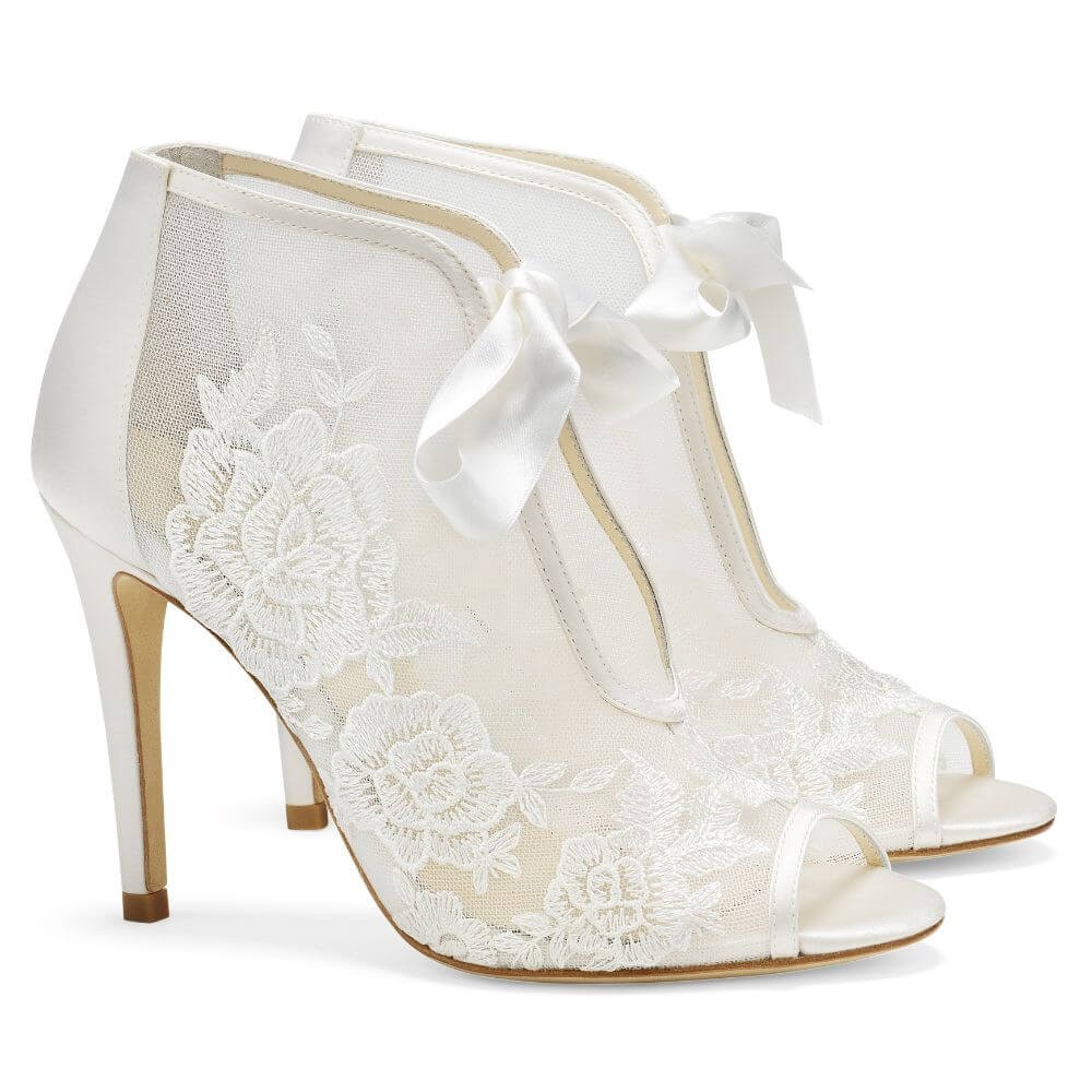 NIKKI IVORY Ivory Lace Wedding Booties with Rose Appliqué & Ribbon Tie