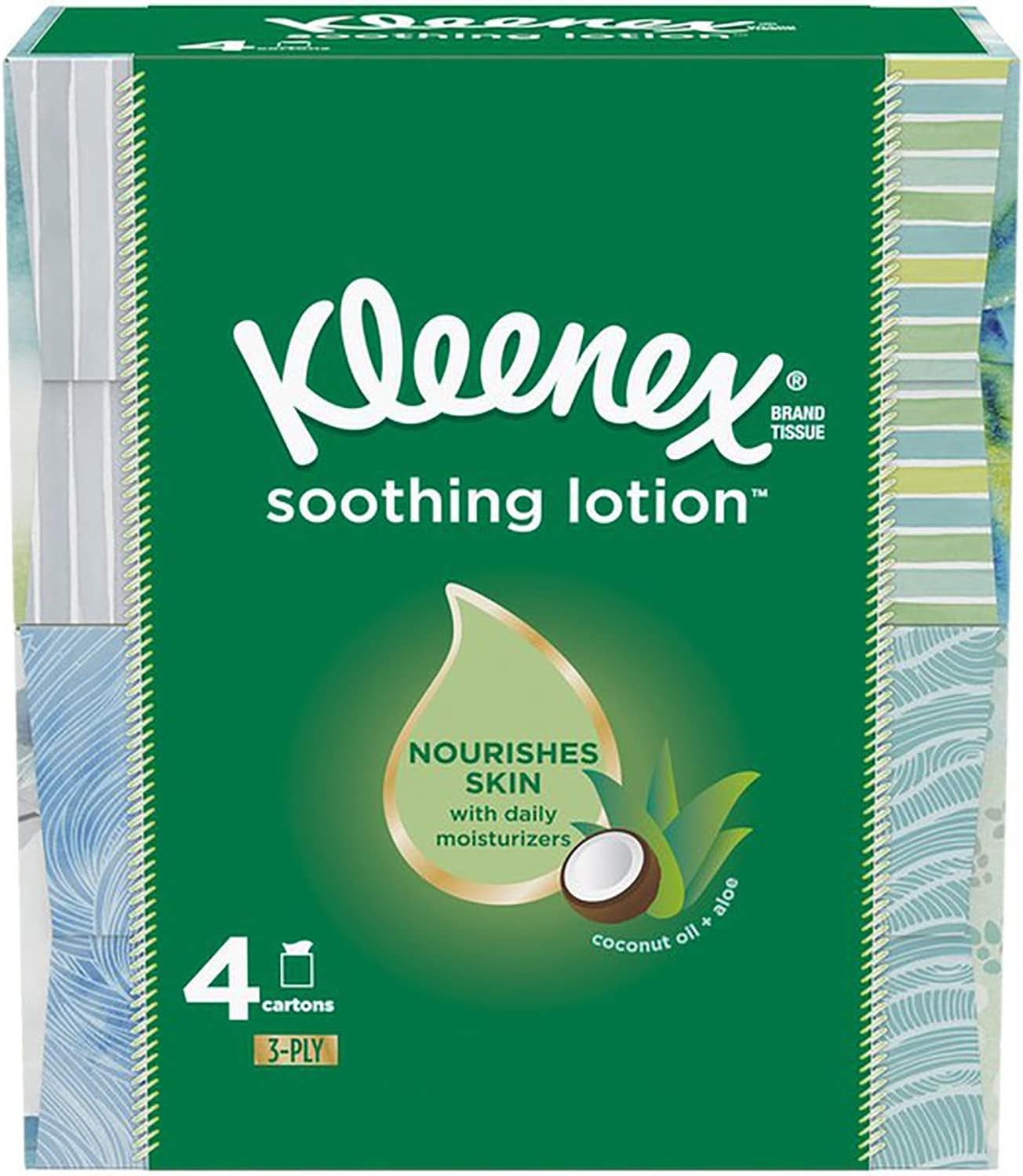 Kleenex Soothing Lotion Tissues with Aloe, Coconut Oil and Vitamin E, 4 cube boxes, 1 Cube Box containe 85 Tissues. Total of 340 Tissues. Assortment Colors.