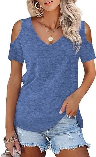 Amoretu Womens Short/Long Sleeve Cold Shoulder Basic Tee Tops Shirts