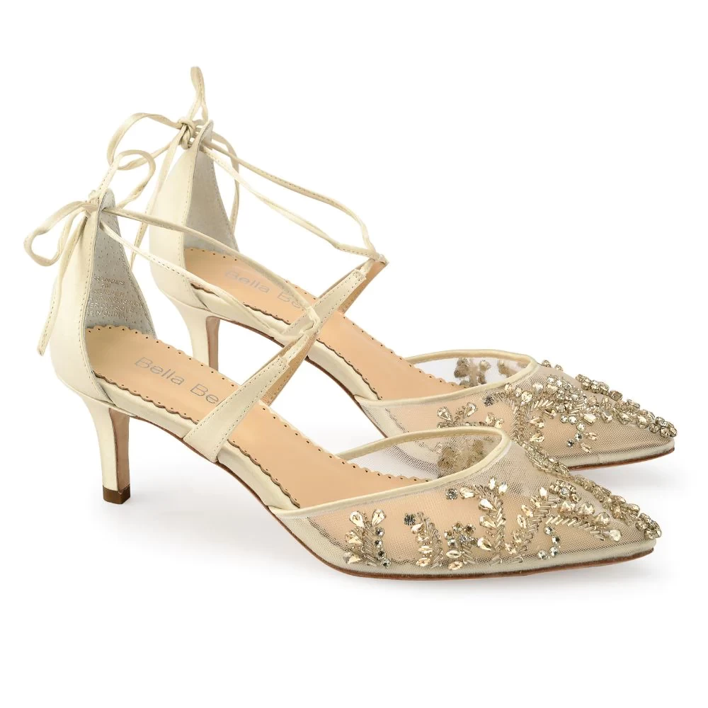 FRANCES GOLD Champagne Gold Kitten Heels with Crystals