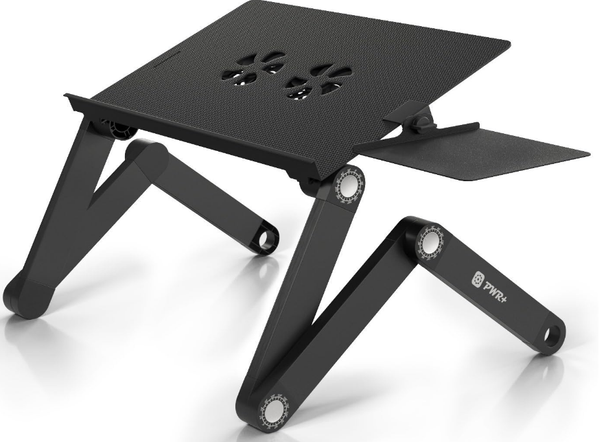 PWR+ Laptop Table Stand Adjustable Riser: Portable with Mouse Pad Fully Ergonomic Mount Ultrabook MacBook Gaming Notebook Light Weight Aluminum Black Bed Tray Desk Book Fans Up to 17 inch