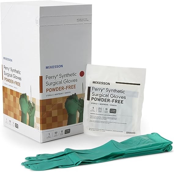 McKesson Perry Performance Plus Synthetic Surgical Gloves, Sterile, Powder-Free, Dark Green, Size 7, 50 Count, 1 Box