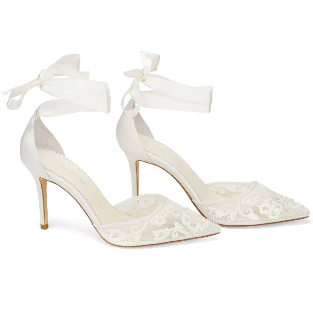 PENELOPE Ankle Wrap Lace Ivory Wedding Shoes with Pearls