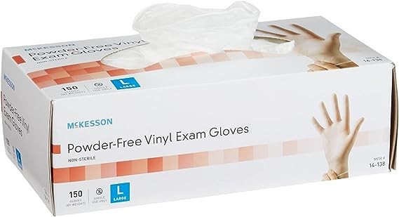 McKesson Powder-Free, Vinyl Exam Gloves, Non-Sterile, Large, 150 Count, 10 Boxes, 1500 Total