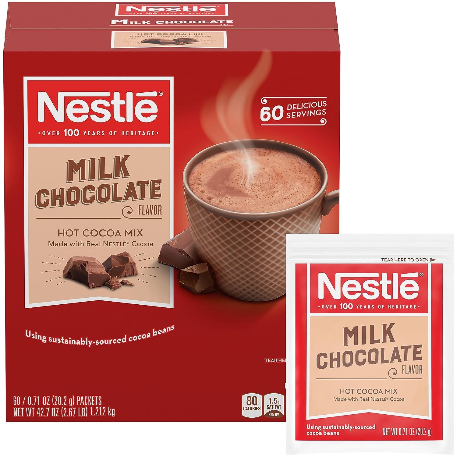 Nestle Hot Chocolate Packets, Milk Chocolate Flavor Hot Cocoa Mix, Made with Real Cocoa, 0.71 oz Sachets, Bulk Pack (60 Count)