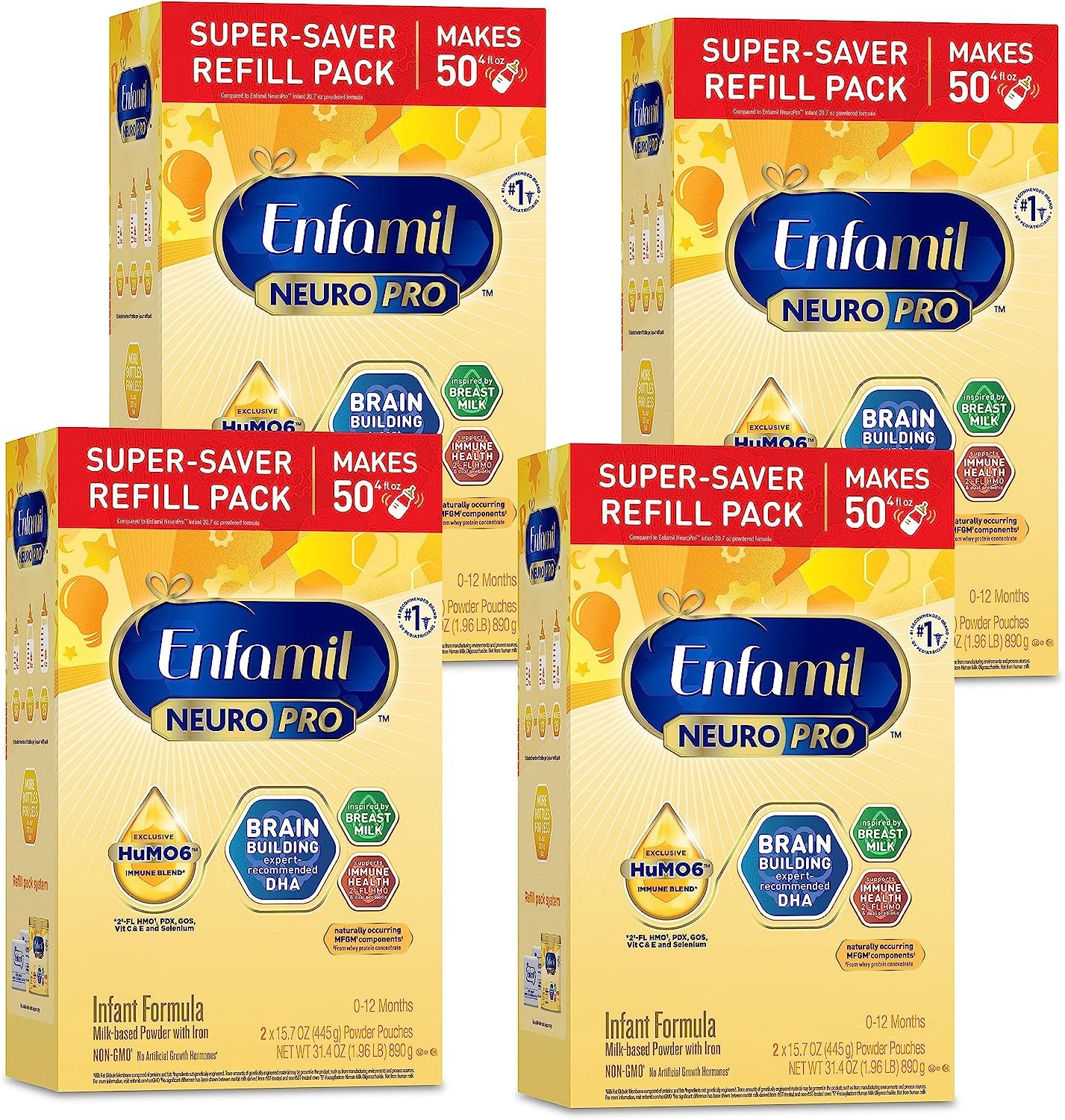 Enfamil NeuroPro Baby Formula, Infant Formula Nutrition, Triple Prebiotic Immune Blend, 2'FL HMO, & Expert-Recommended Omega-3 DHA, Perfect Choice for Baby Milk, Non-GMO, Refill Box, 31.4 Oz, 4 Count