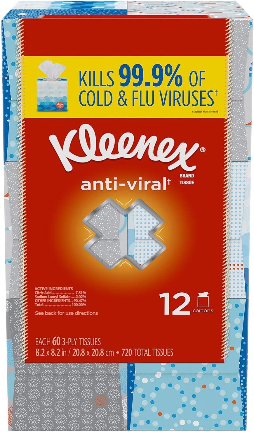 Kleenex Anti-Viral 3-Ply Facial Tissue - Cube Boxes (12 Pack, 60 tissues)