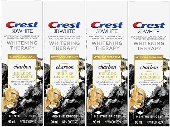 Crest 3D White Whitening Therapy Toothpaste, Charcoal with Ginger Oil, Zesty Mint, 3 oz (90 Ml) - Pack of 4
