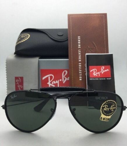 New RAY-BAN Sunglasses RB 3422-Q 9040 Black Leather Aviator w/ G-15 Green Lenses