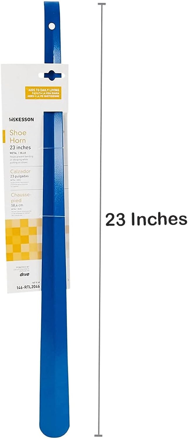 McKesson Blue Long-Handled Easy Grip Metal Shoe Horn with Hook End, 22 inches Long, 1 Count