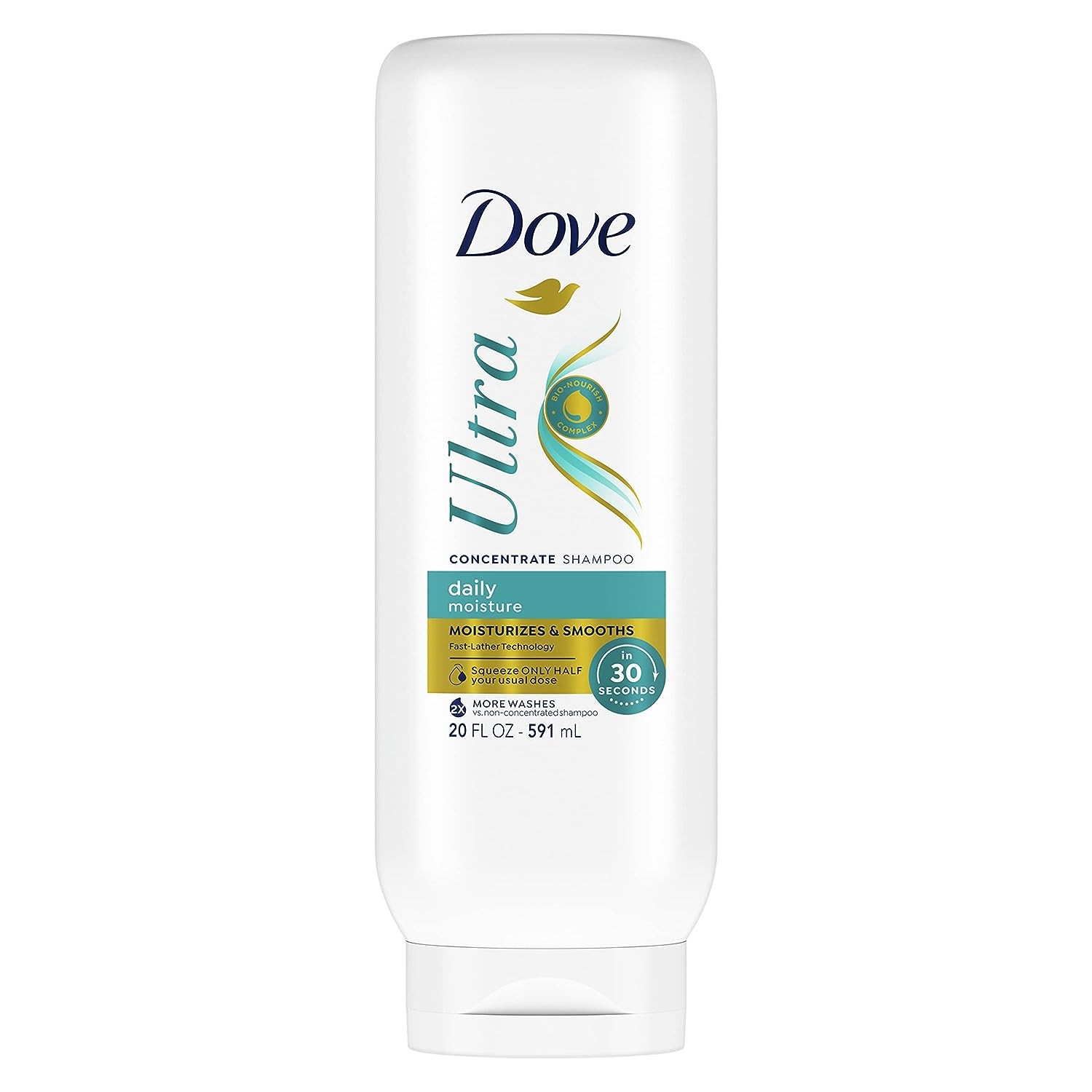 Dove Ultra Daily Moisture Concentrate Shampoo for Dry Hair Moisturizes and Smooths in 30 Seconds, Ultra-Lather Technology and 2X More Washes 20 oz