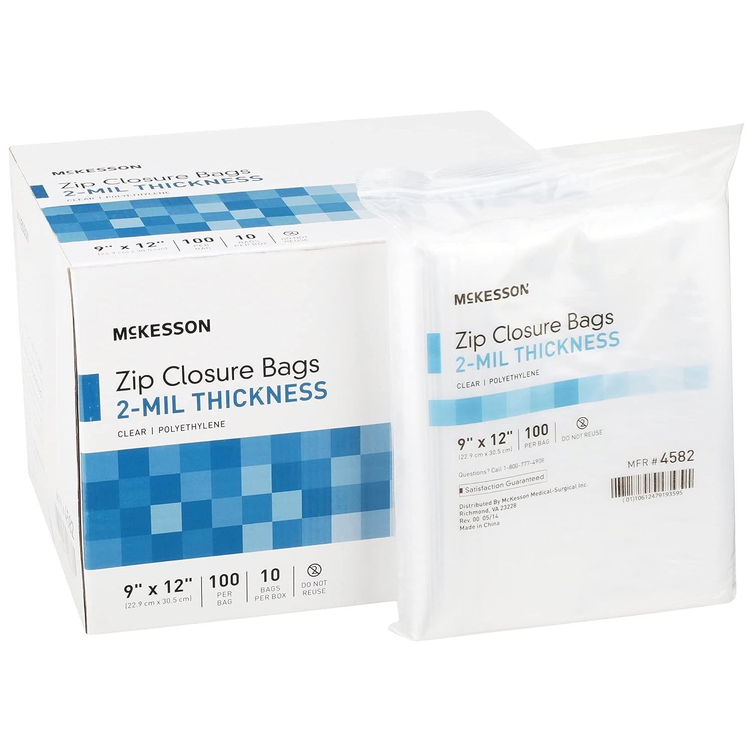 McKesson Zip Closure Bags, 2 mil Thickness - Polyethylene, Reclosable - Clear, 9 in x 12 in, 100 Count, 20 Packs, 2000 Total