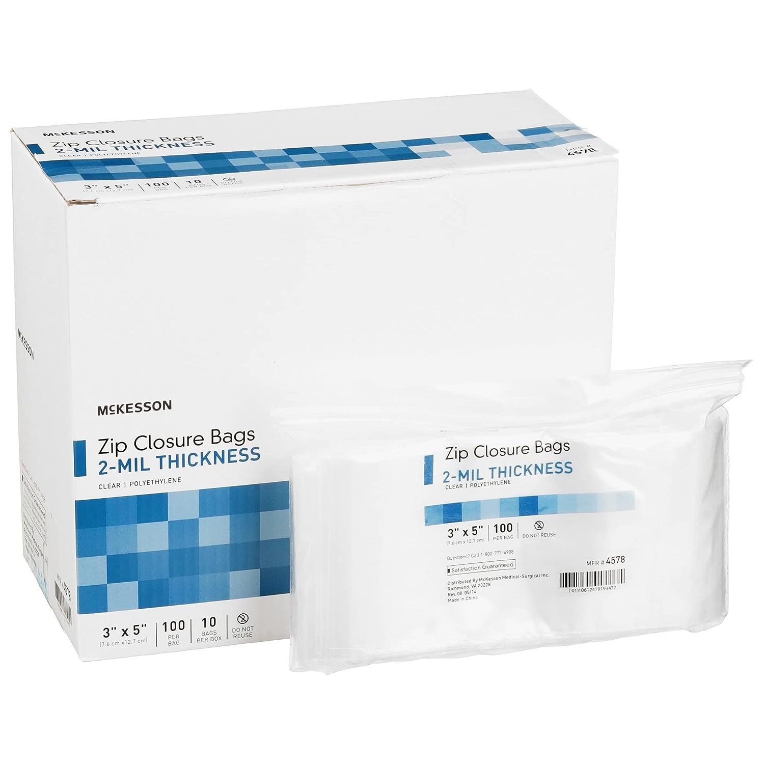 McKesson Zip Closure Bags, 2 mil Thickness - Polyethylene, Reclosable - Clear, 3 in x 5 in, 100 Count, 120 Packs, 12000 Total