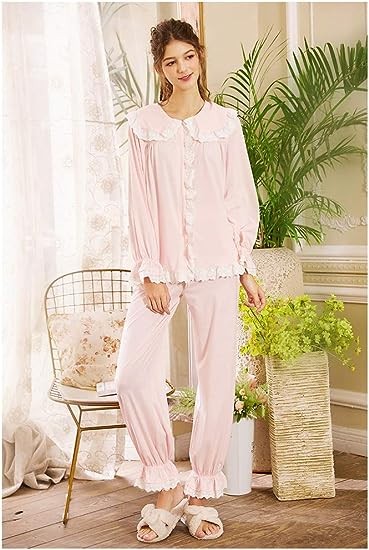 Qike Women Pajamas Set Cotton Long Sleeve Button Down Sleep Shirt Womens Loungewear Set Cotton Nightie