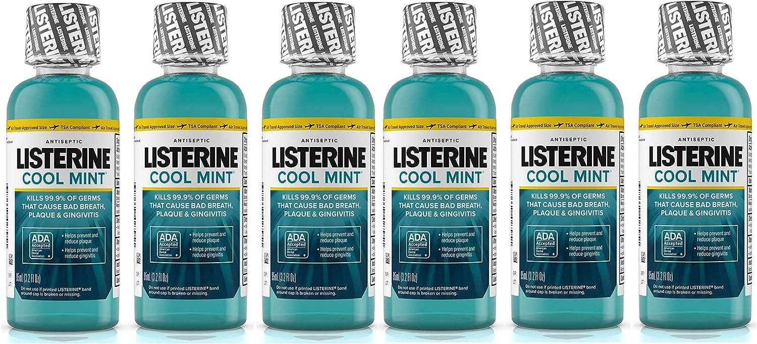Listerine Cool Mint Antiseptic Mouthwash for Bad Breath, Travel Size 3.2 oz - Pack of 6