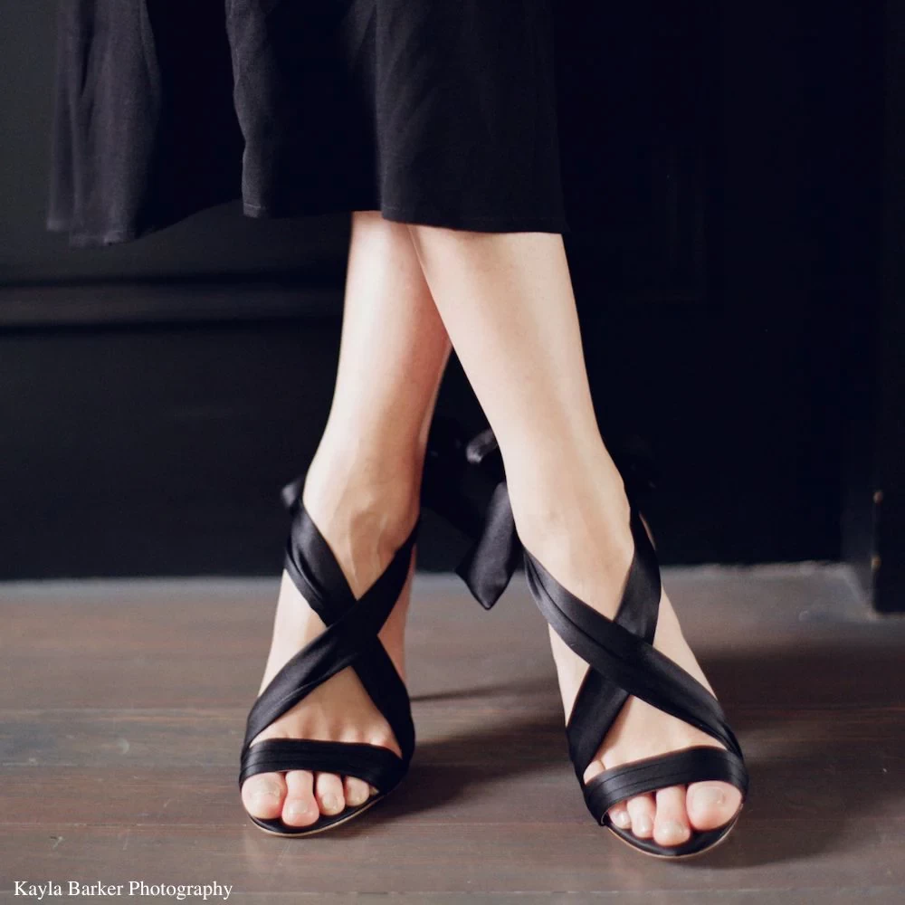 KATE BLACK Black Ribbon Tie Heels with Ankle Bow