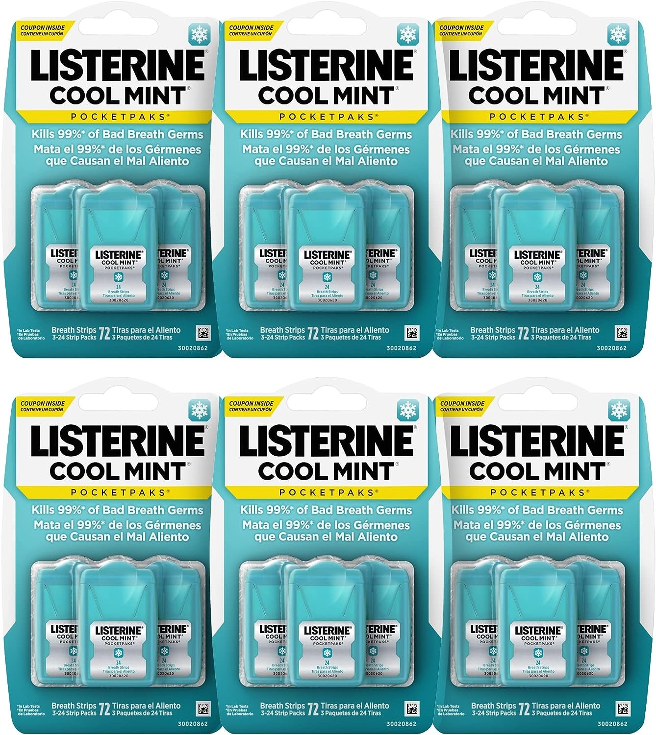 Listerine Cool Mint PocketPaks Portable Breath Strips for Bad Breath, Fresh Breath Strips to Kill 99% of Bad Breath Germs* On-The-Go, Cool Mint Flavor, 72 Count (Pack of 6)