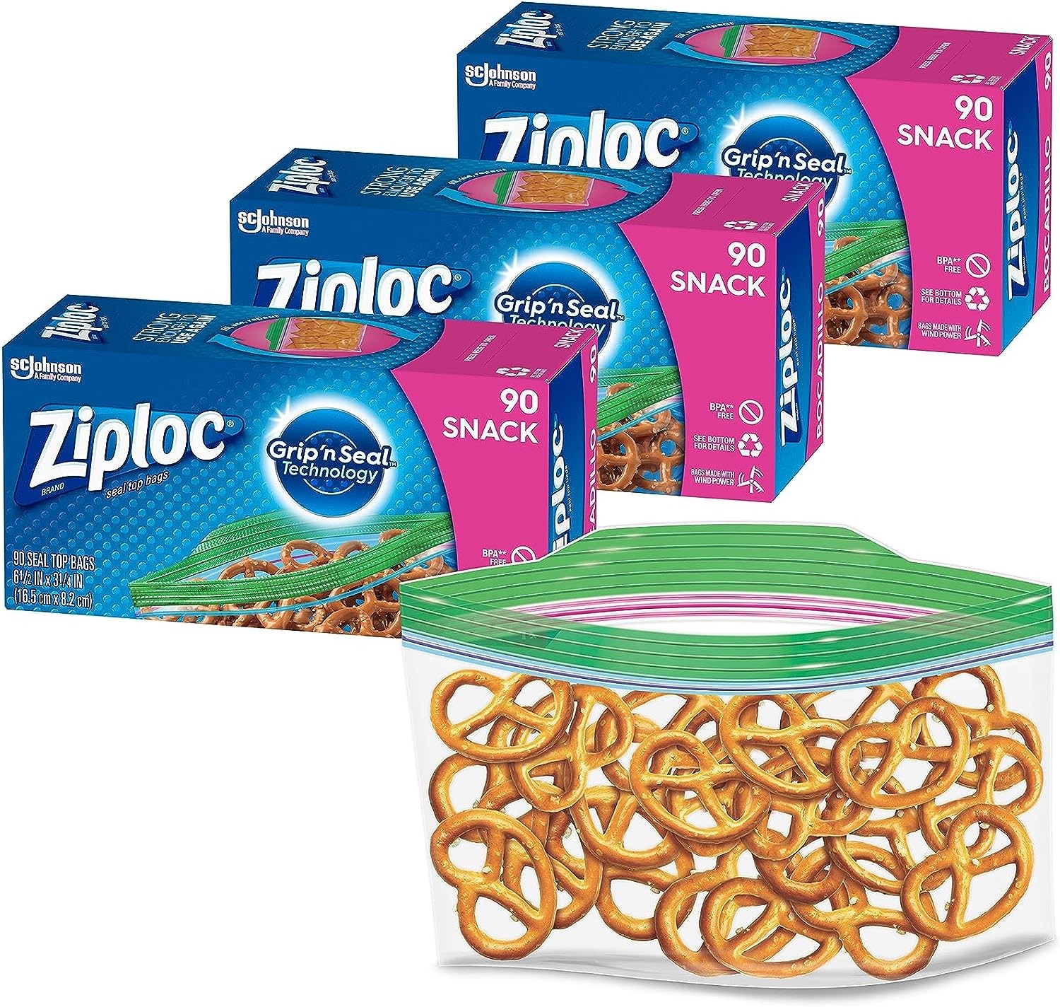 Ziploc Snack Bags for On the Go Freshness, Grip 'n Seal Technology for Easier Grip, Open, and Close, 90 Count, Pack of 3 (270 Total Bags)