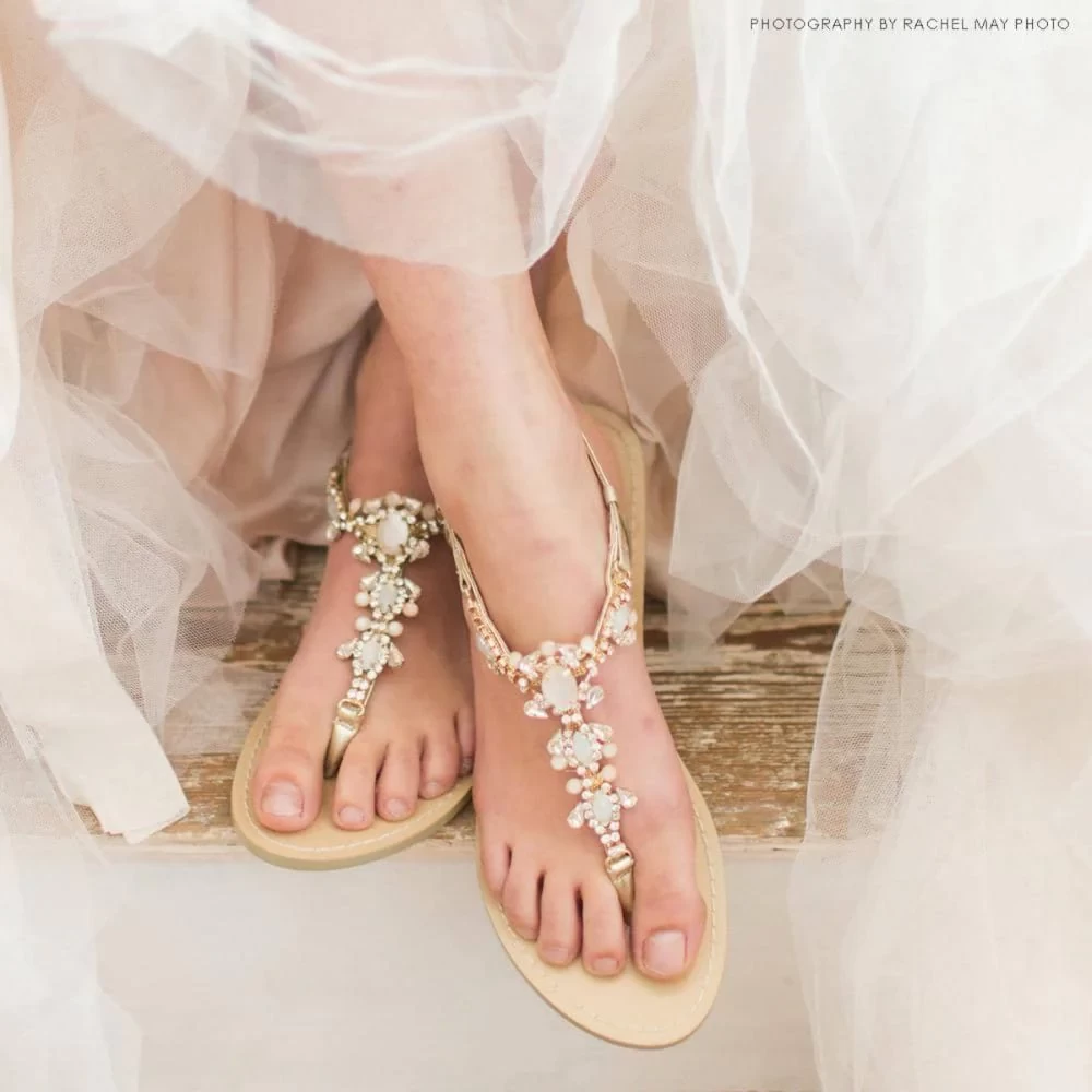 LUNA Gold Jeweled Dressy Flat Sandals for Wedding