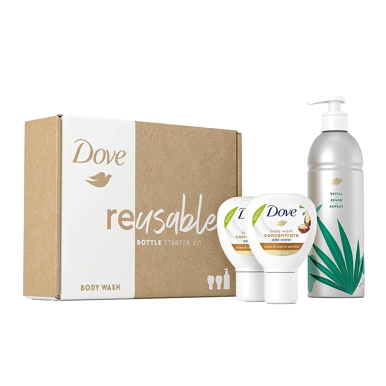 Dove Body Wash Aluminum Reusable Bottle and Concentrate Refill (2x) Starter Kit for Instantly Soft Skin Shea, Warm Vanilla for Skin Care and Lasting Nourishment, 3 Piece Set