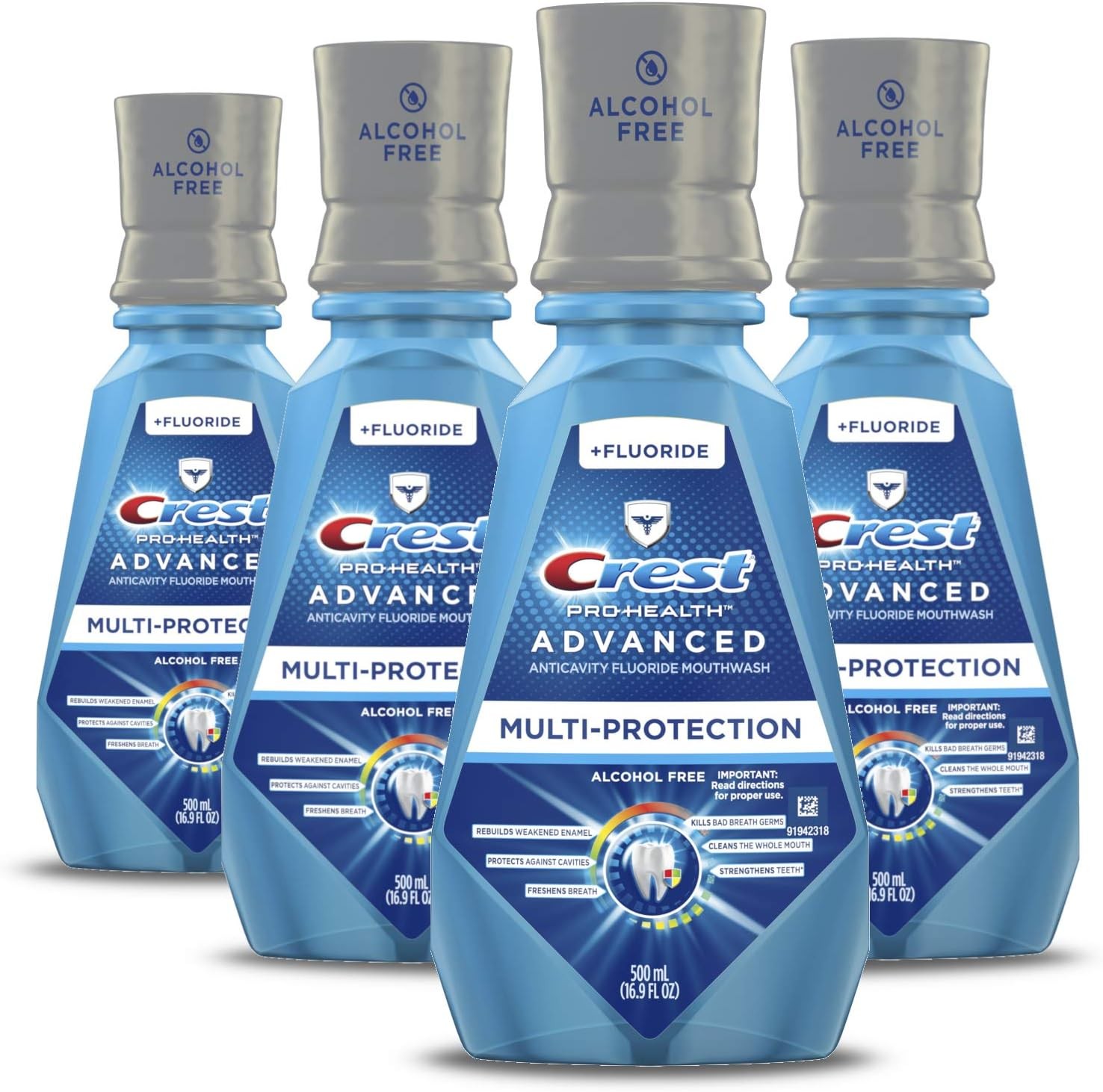 Crest Pro Health Advanced Multi-Protection Mouthwash, Alcohol Free, Extra Deep Clean Fresh Mint, 500 mL (16.9 Fl Oz), Pack of 4