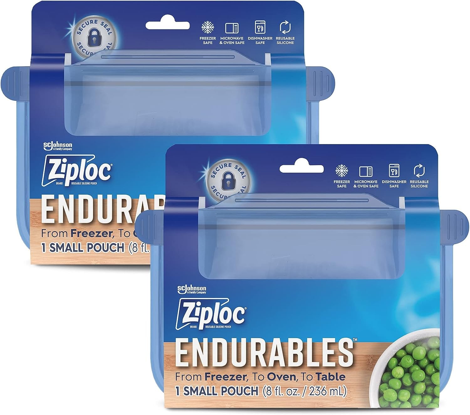 Ziploc Endurables Small Pouch, 1 Cup, Reusable Silicone Bags and Food Storage Meal Prep Containers for Freezer, Oven, and Microwave, Dishwasher Safe, 2 Pack