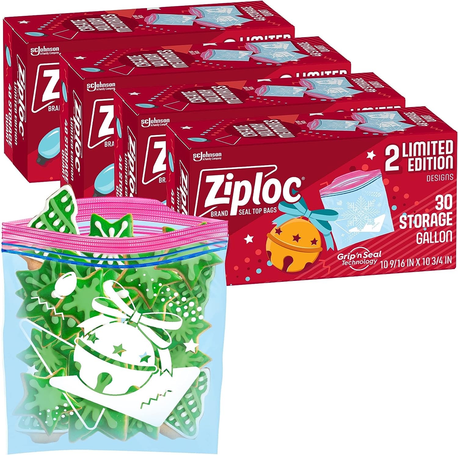 Ziploc Gallon Food Storage Bags, Grip 'n Seal Technology for Easier Grip, Open, and Close, 120 Count, Holiday Designs, Packaging May Vary