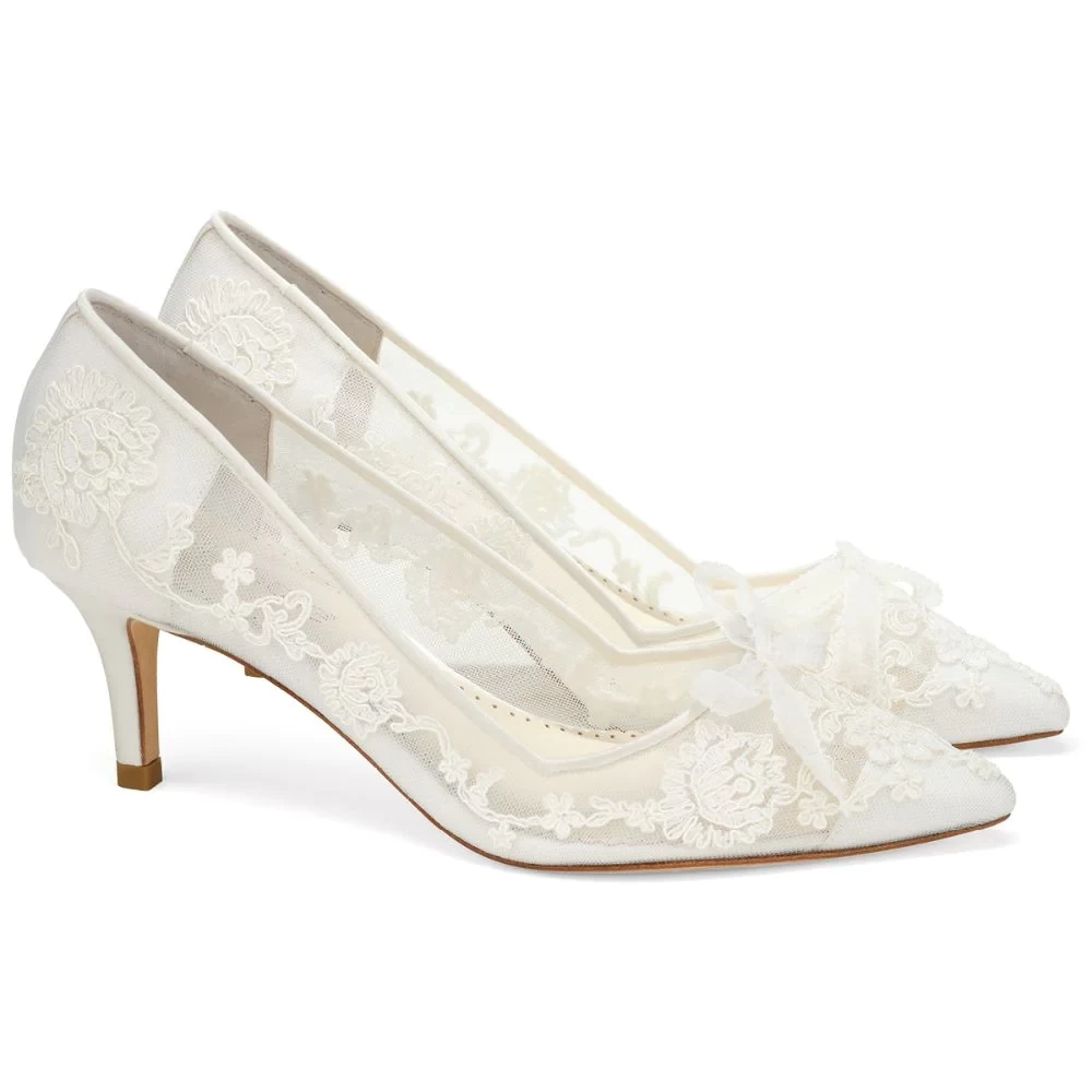 MONICA Lace Embroidered Ivory Bridal Kitten Heels