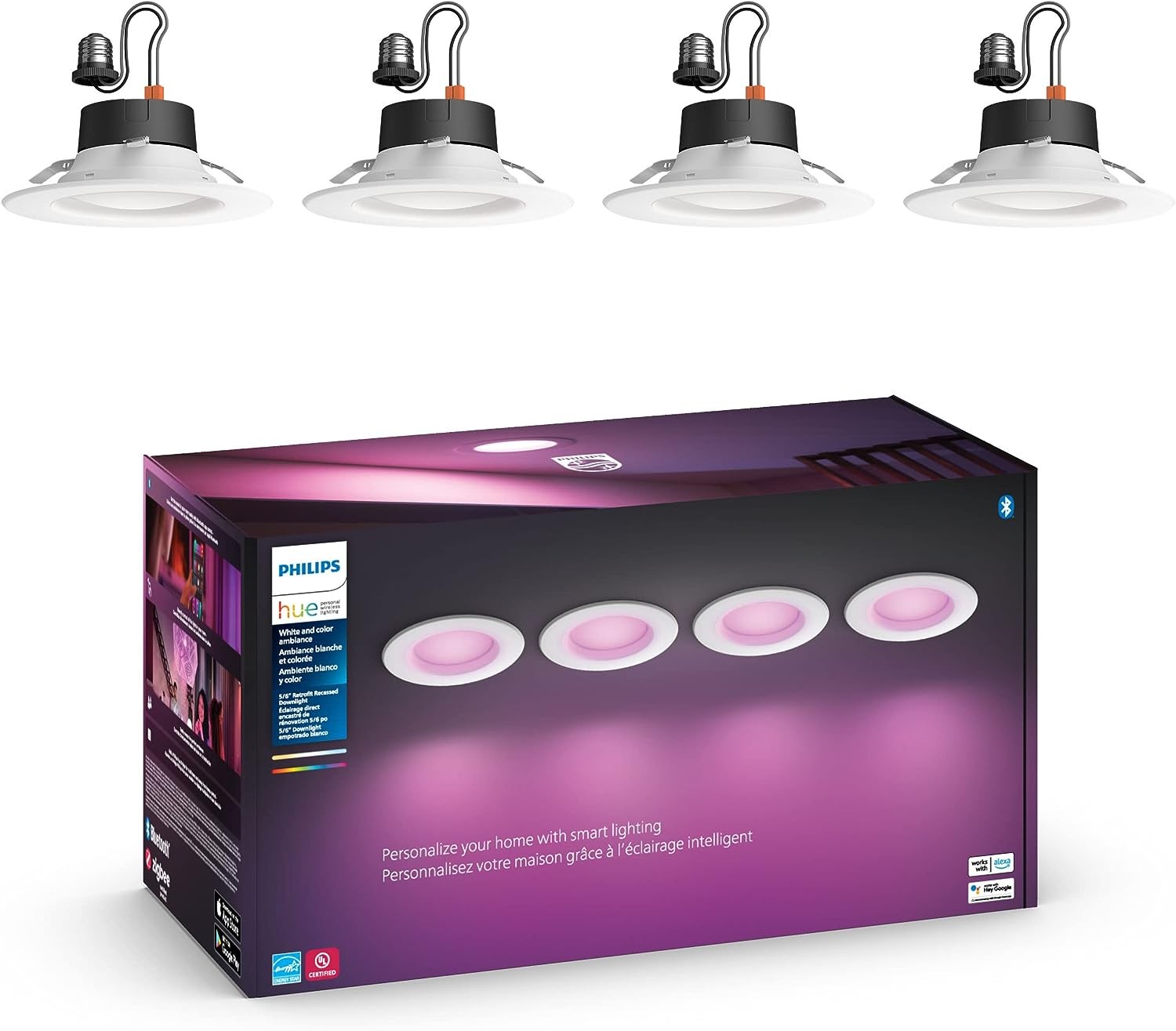 Philips Hue White and color Ambiance Extra Bright Dimmable Recessed LED Smart 6" Downlight for Retrofit Cans Compatible with Amazon Alexa Apple HomeKit and Google Assistant - 4 Pack (578674), Plastic
