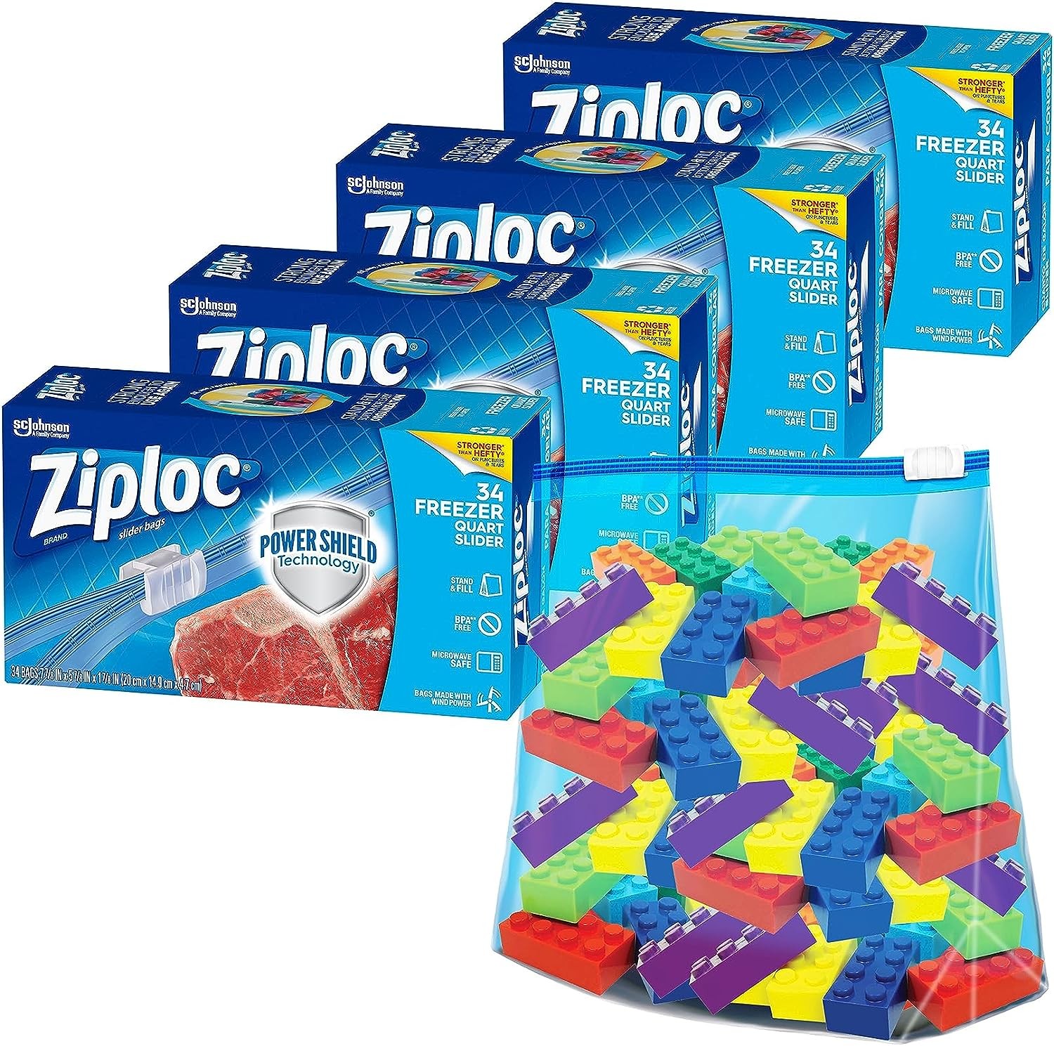 Ziploc Quart Food Storage Freezer Slider Bags, Power Shield Technology for More Durability, 34 Count, Pack of 4 (136 Total Bags)