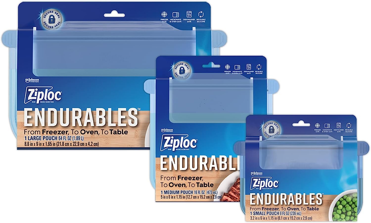 Ziploc Endurables Small, Medium, and Large Pouch, Reusable Silicone Bags and Food Storage Meal Prep Containers for Freezer, Oven, and Microwave, Dishwasher Safe
