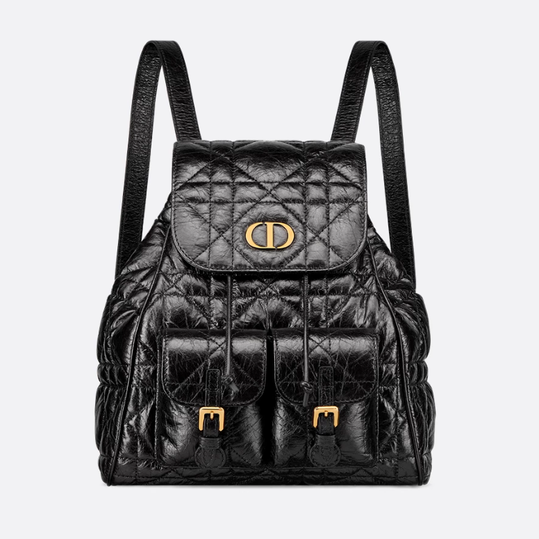 Medium Dior Caro Backpack Black Macrocannage Crinkled Calfskin