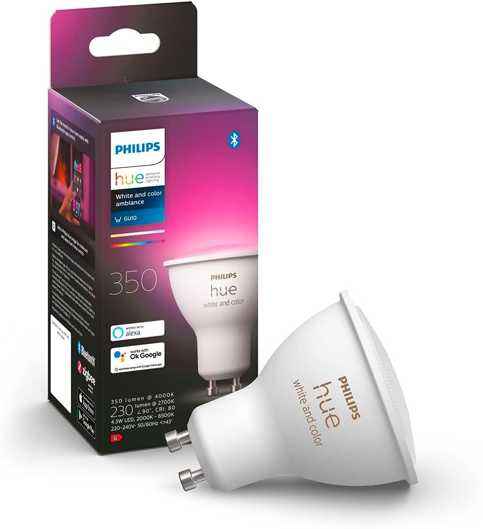 Philips Hue White & Color Ambiance LED Smart GU10 Bulb, Bluetooth & Zigbee Compatible (Hue Hub Optional), Voice Activated with Alexa, 1 Bulb