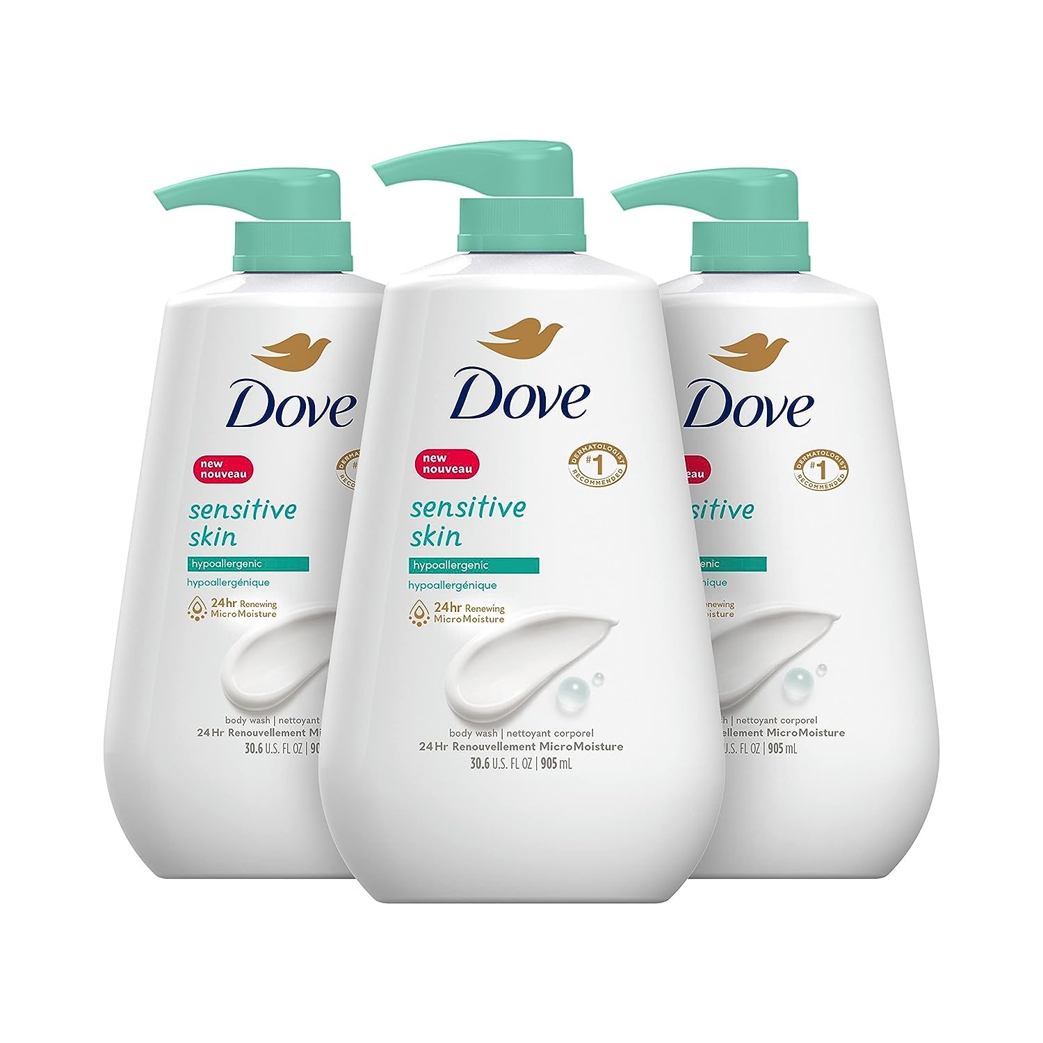 Dove Body Wash with Pump Sensitive Skin Hypoallergenic, Paraben-Free, Sulfate-Free, Cruelty-Free, Moisturizing Skin Cleanser Effectively Washes Away Bacteria While Nourishing Skin, 30.6 Oz (Pack of 3)