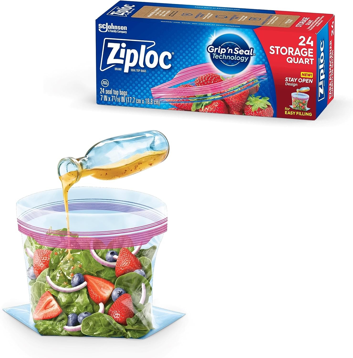 Ziploc Quart Food Storage Bags, New Stay Open Design with Stand-Up Bottom, Easy to Fill, 24 Count