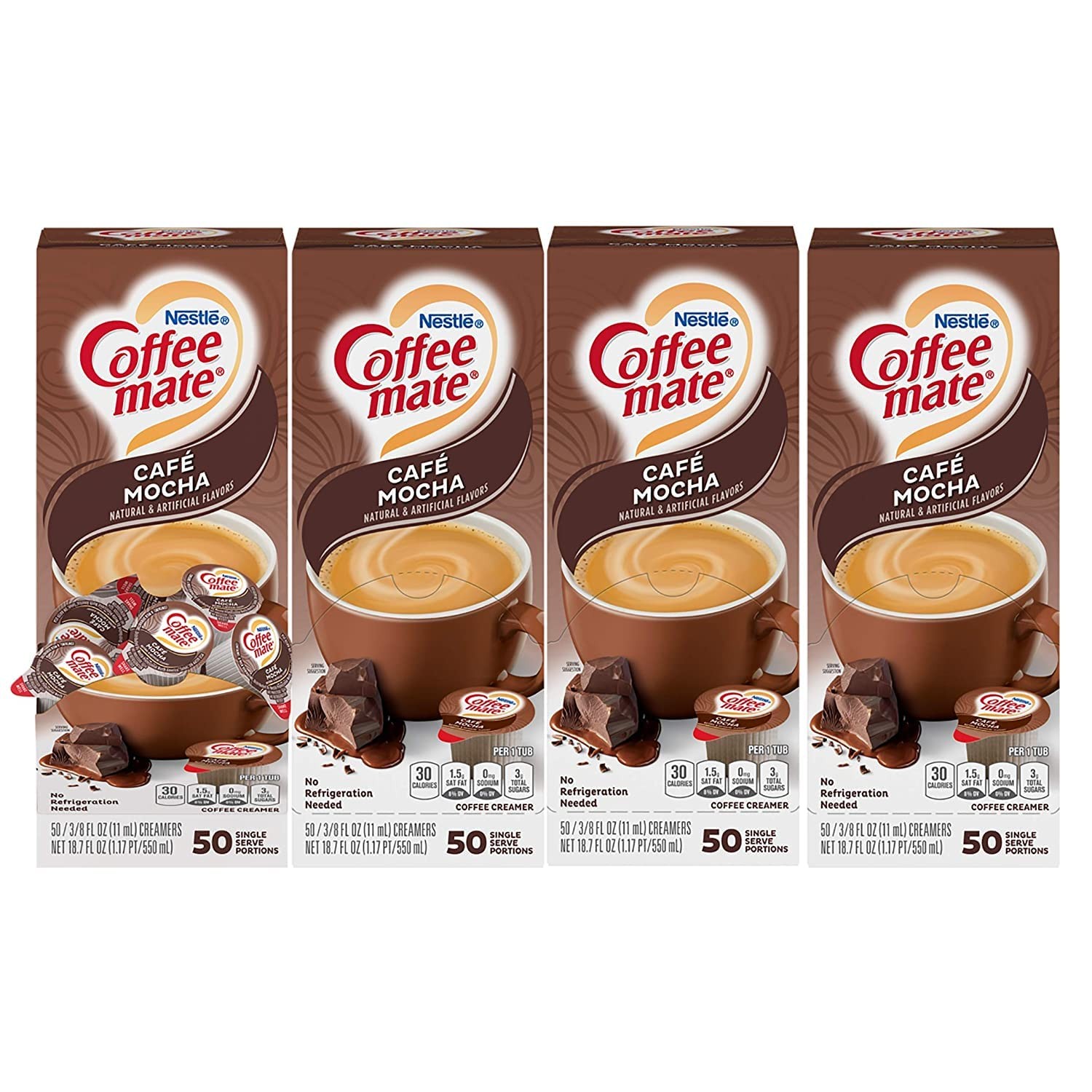 Nestle Coffee mate Coffee Creamer, Cafe Mocha, Liquid Creamer Singles, Non Dairy, No Refrigeration, Box of 50 Singles (Pack of 4)